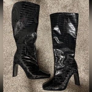 Black Croc-Embossed Knee-High Boots